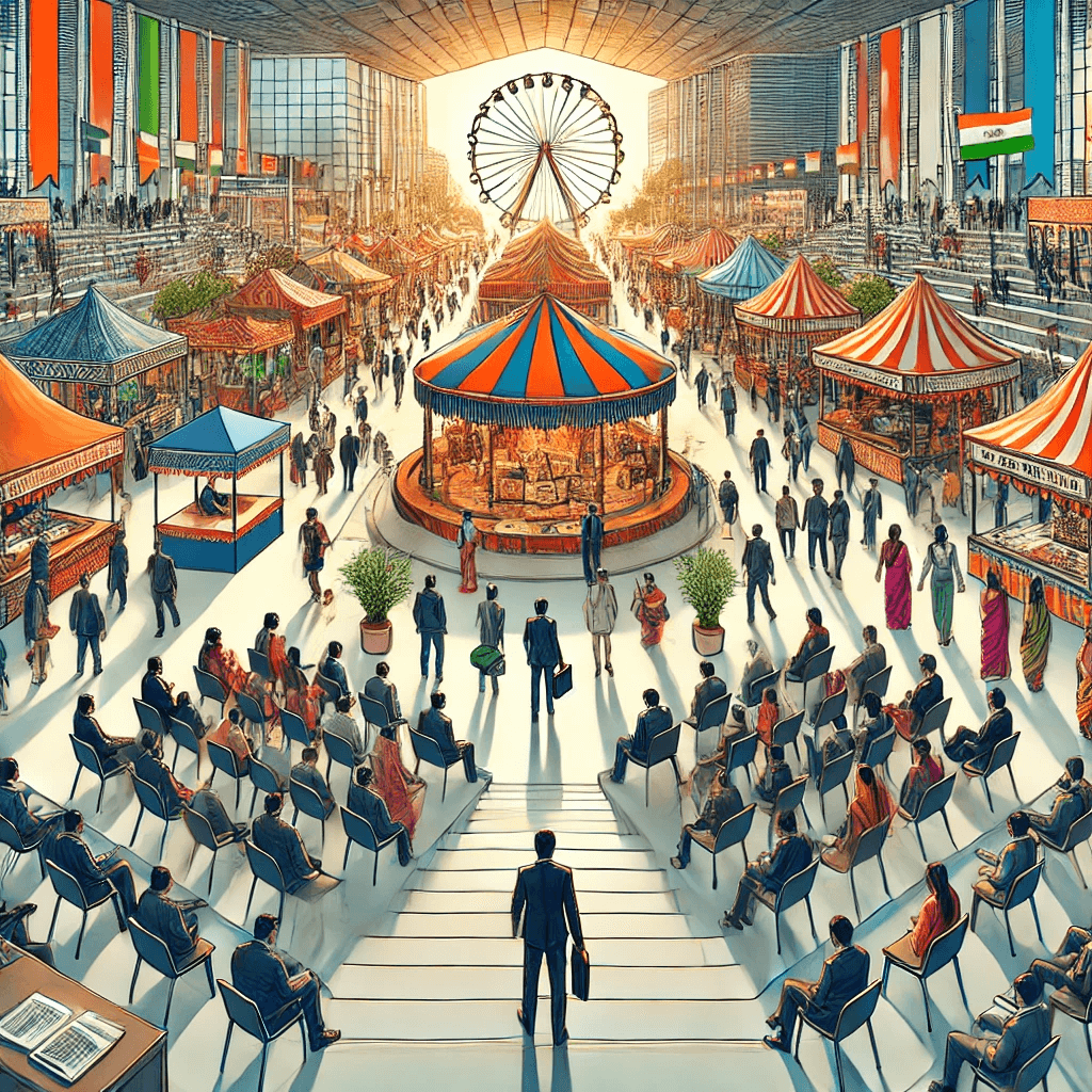 A panoramic view of a trade fair with entrepreneurs and product displays symbolizing business growth.