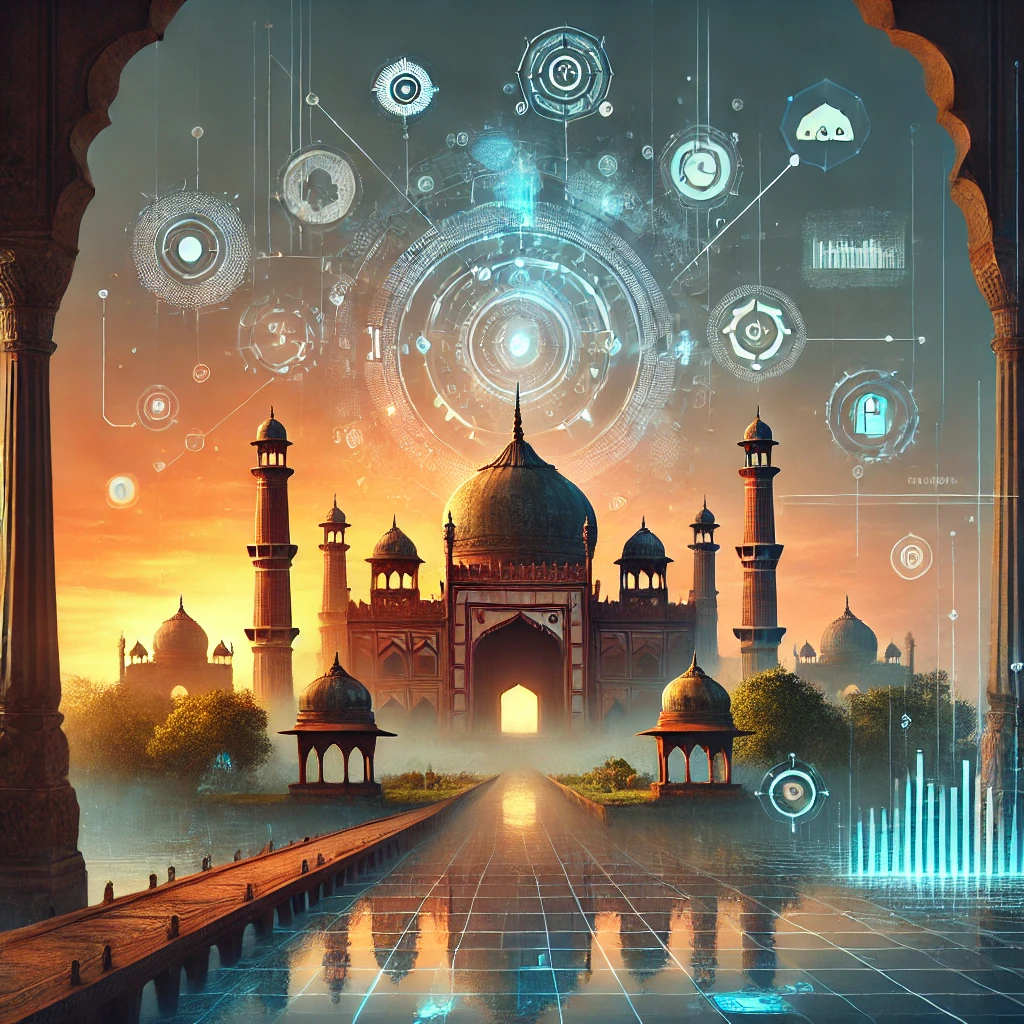 An artistic blend of Panipat's iconic historical landmarks with futuristic digital overlays.