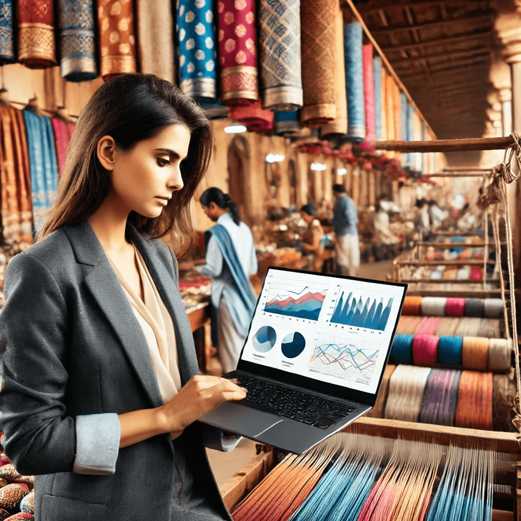 A businesswoman analyzing market trends on a laptop at a textile market in Panipat.