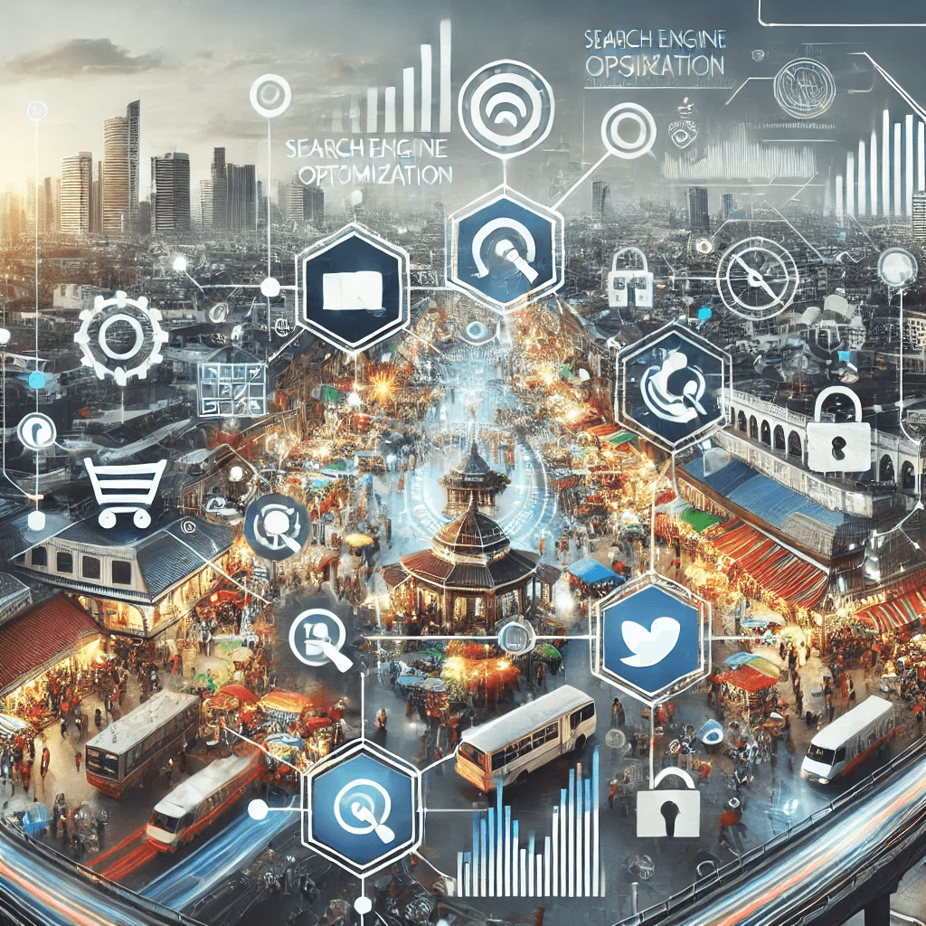 A sleek and modern image showcasing the intersection of technology and marketing with a professional setting and dynamic graphics.