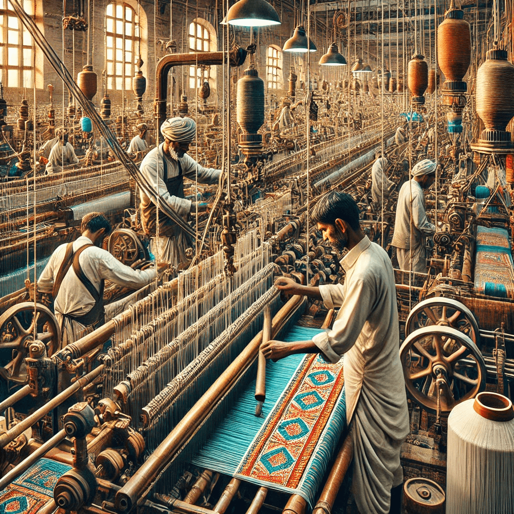 Close-up of workers in a Panipat textile factory weaving fabrics using traditional and modern machines.
