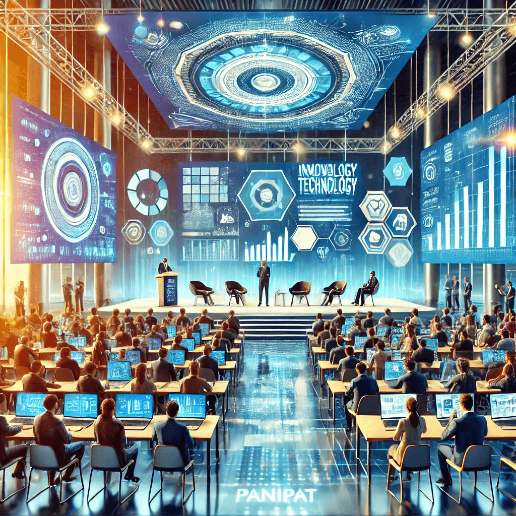A professional image of a tech-driven business conference in Panipat, featuring interactive technology displays and networking professionals.