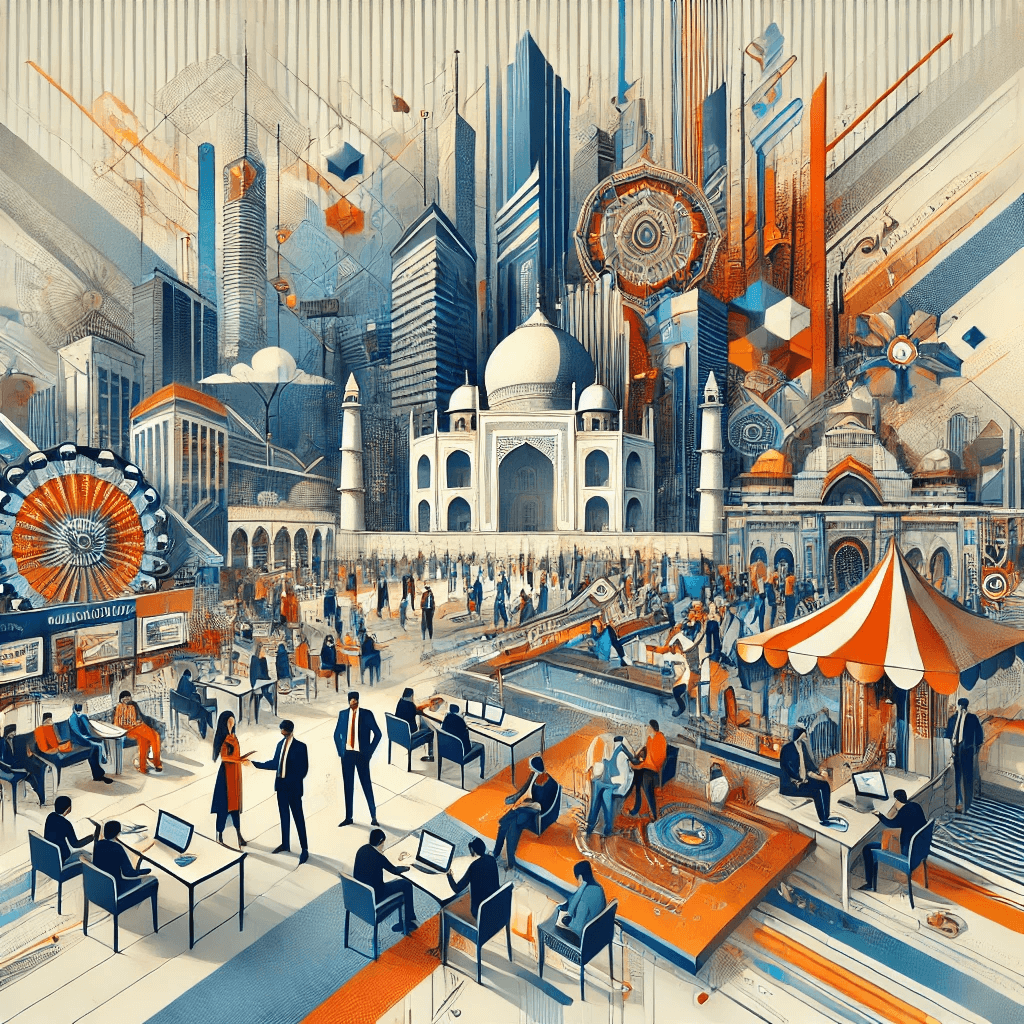 Abstract illustration of business networking and collaboration at a trade fair.