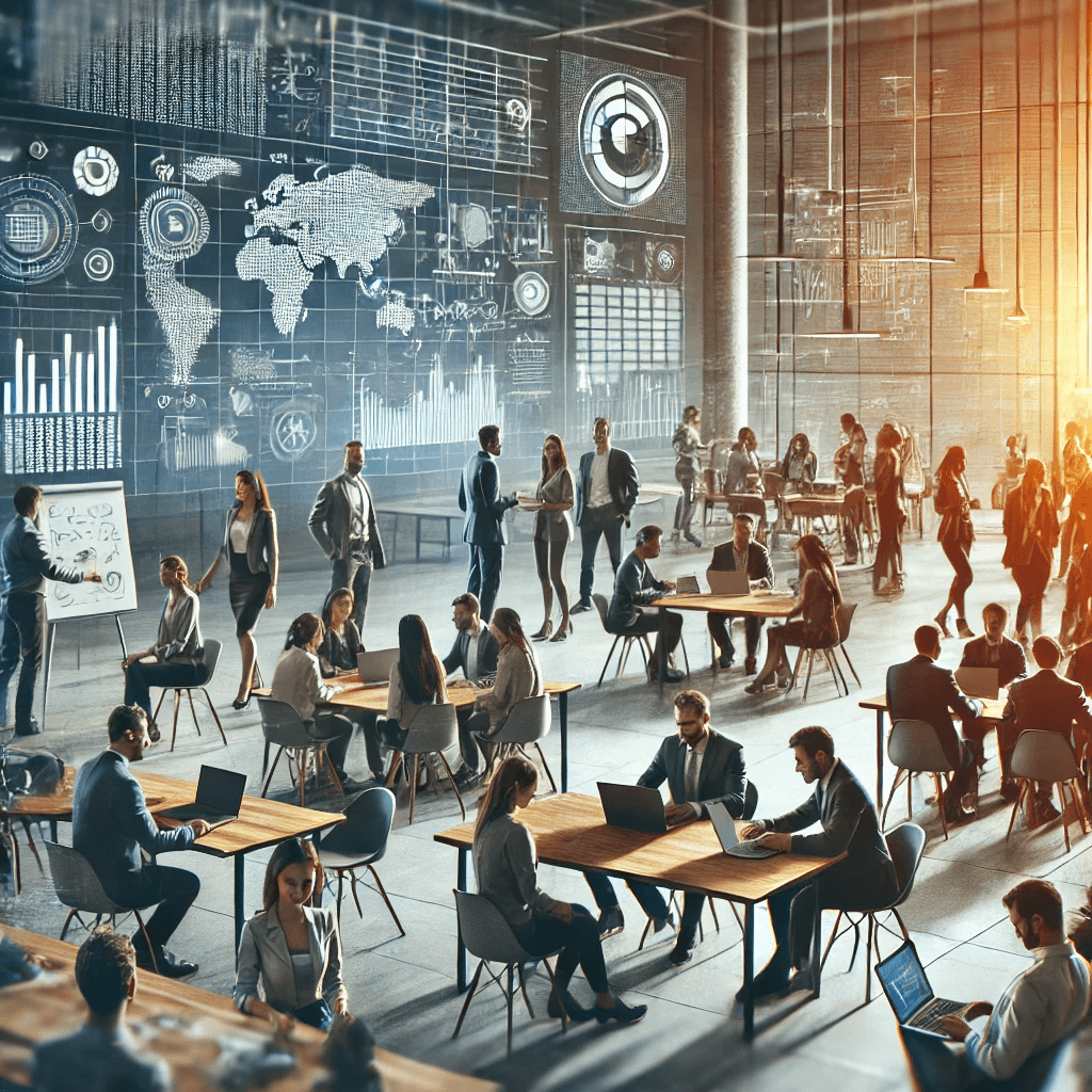 Entrepreneurs at a tech-focused workshop with a presenter showing business analytics on a screen.
