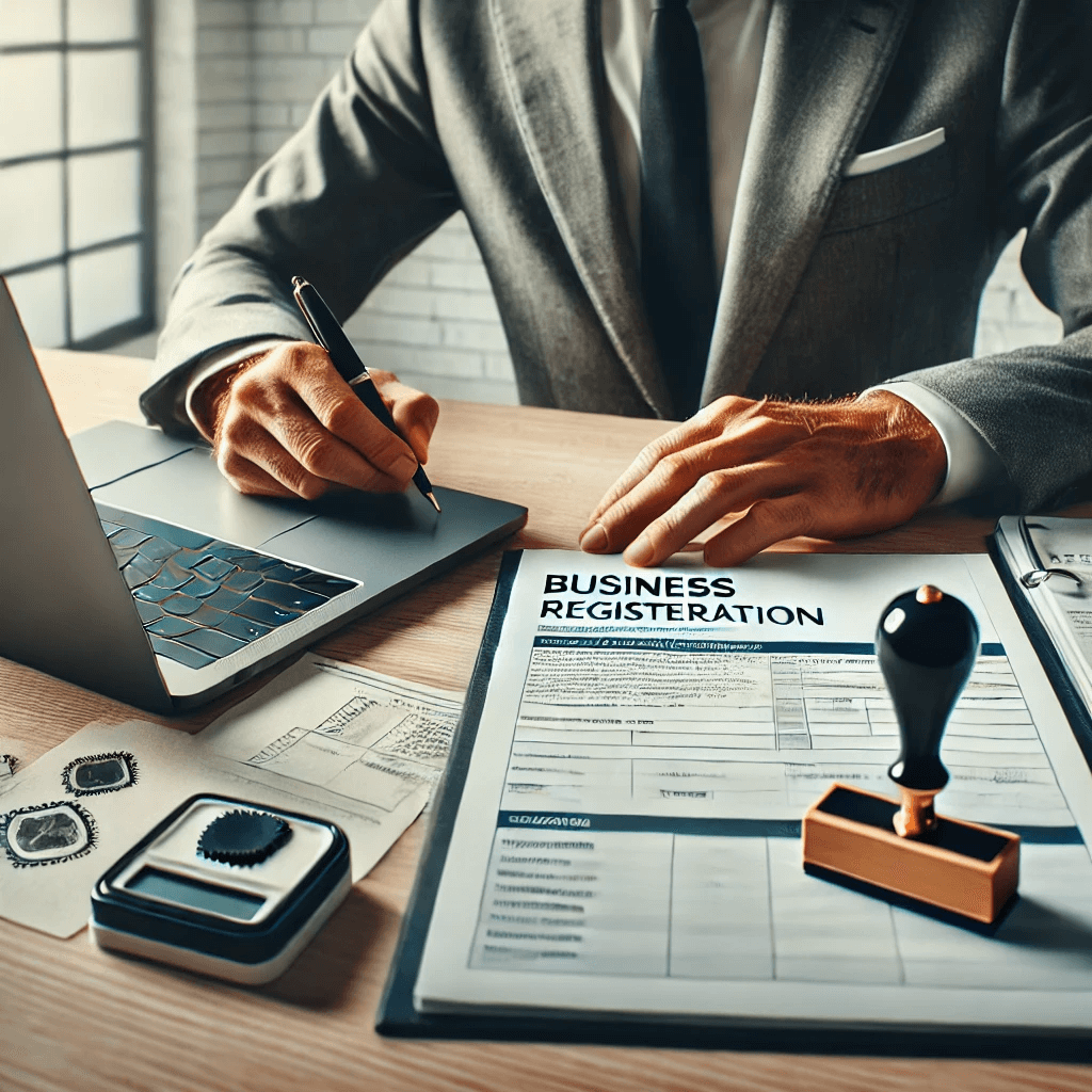 A professional completing business registration documents at a desk with a laptop and official stamps.
