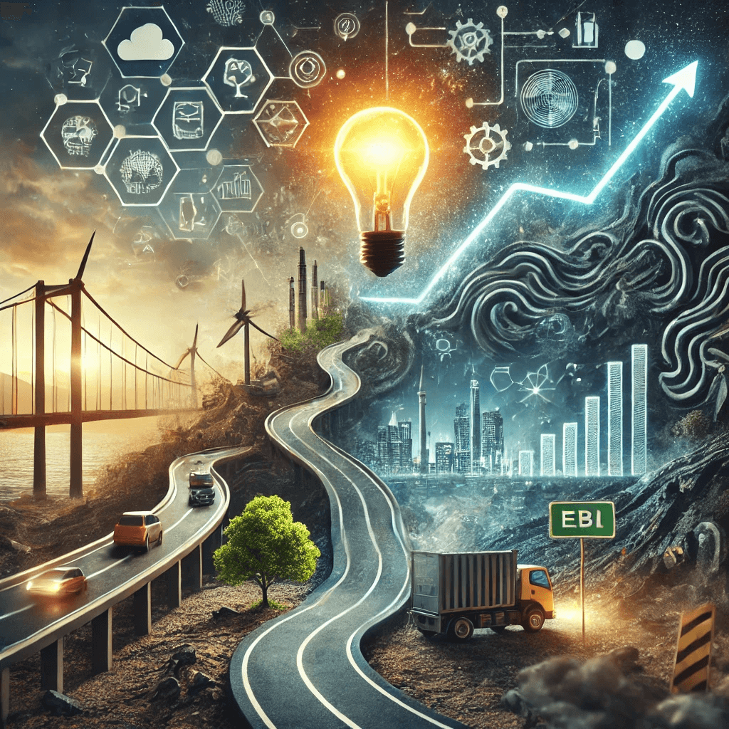 Conceptual illustration of business challenges in Panipat, with a maze symbolizing market fluctuations, a cracked road for infrastructure issues, and a glowing light bulb for innovative solutions.