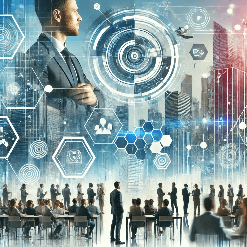 An abstract representation of technology-driven business networking, showcasing professionals in a high-tech environment with digital overlays.