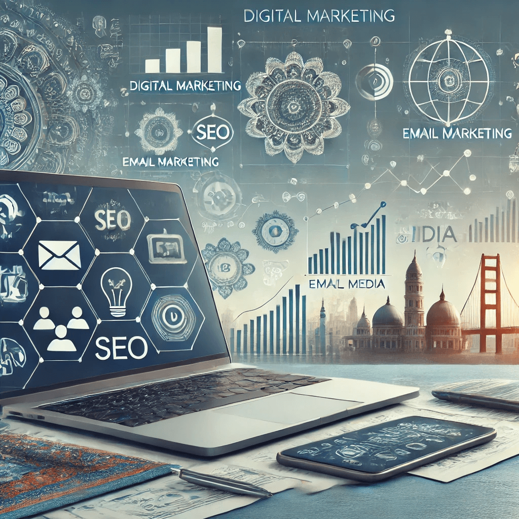 A professional and visually engaging image symbolizing digital marketing strategies in Panipat, featuring dynamic graphics and analytics tools.